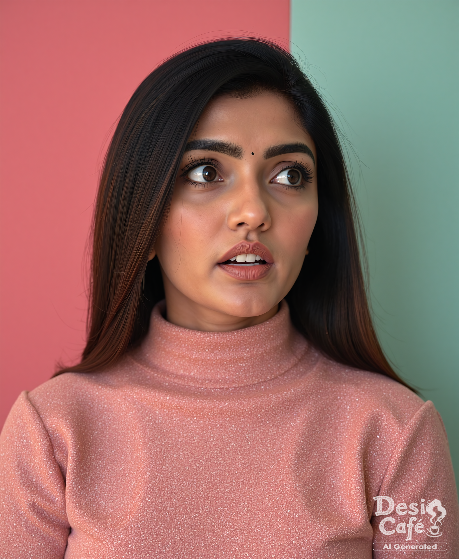 cowboy shot photo of eesh4 r3bb4 woman, hyper realistic photo that is safe for work, expression of wonderment with wide eyes, studio quality image with natural colors, well dressed wearing intricate turtleneck Pink Rajasthani Lehenga, hair styled as  straight hair,muted pastel shaded multicolored background that contrasts with the person, cinematic lighting,âââââ  <lora:Eesh4_R3bb4_Eesha_Rebba_Flux_Kohya_V1:1>âââ