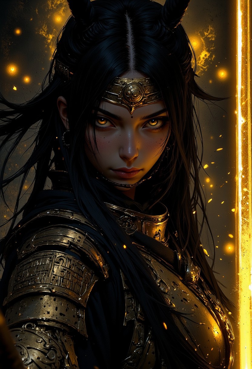 A close-up digital artwork in mythp0rt anime style featuring a lone female ninja with long, flowing hair that cascades around her like dark, stormy waves. She stands in a fierce combat stance, holding her katana horizontally in front of her face. The blade gleams with a faint, 80s-inspired DARK yellow glow, its sharp edge catching the dim, worn-out light around her. Her intense eyes, framed by the deep black of her hair and armor, lock onto her unseen opponent with an unwavering, piercing gaze. The katana reflects the surrounding glow, creating angular highlights, while the rest of the image is consumed by shadowy blackness.
Behind her, abstract, geometric lines run vertically, like cosmic energy pulsing through a swirling, textured background of deep yellow and blacks—evoking the vastness of space. The cosmic aura surrounds her, as if she’s standing on the edge of another dimension, poised for a battle that transcends time and space. The swirling nebula dust and rough textures add depth and mystery, blending extreme minimalism with an otherworldly aesthetic. Her flowing hair, combined with the ethereal glow of her katana, captures the tension and power of the moment, making her presence both commanding and cool in this dark, atmospheric scene.
