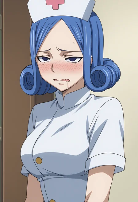 score_9, score_8_up, score_7_up, anime screencap, BREAK, 1girl, (solo:1.2), <lora:DX888Juvia:1>, juvia lockser, blue hair, curly hair, blue eyes, short hair, , BREAK nurse, nurse cap, Leaning against a wall, torogao, nose blush, sad , wavy mouth, half-closed eyes, tearing up,