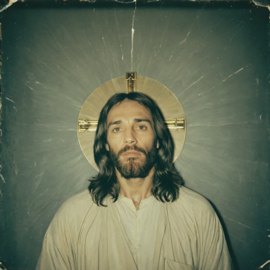 polaroid film photography, faded film, soft focus, Jesus Christ