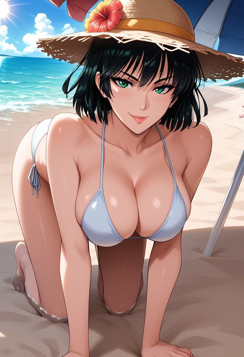 black hair, short hair, high definition, green eyes
OUTFIT:
beach hat, white bikini, highres, high quality, best quality, volumetric lighting, UHD, skin texture, skin detail, high quality skin, highly detailed, firm breasts.
BEHAVIOR:
mature female,pov, forward, all fours, looking at down, seductive, sexy smirk
BACKGROUND:
sunny day, giant sun, sea, water, sand, beach, beach umbrella, in the shade