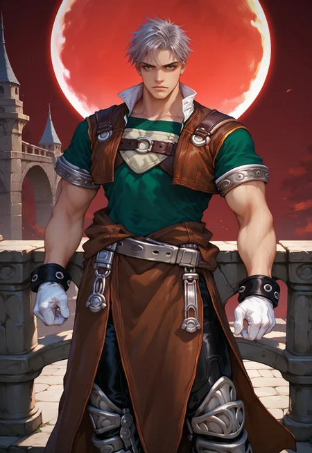score_9, score_8_up, score_7_up, score_6_up, 1boy, muscular, natgra, steel greaves, brown skirt, black pants, green shirt, leather vest, silver belts, white gloves, silver hair, red moon, stone bridge, (gothic aesthetic:1.3)