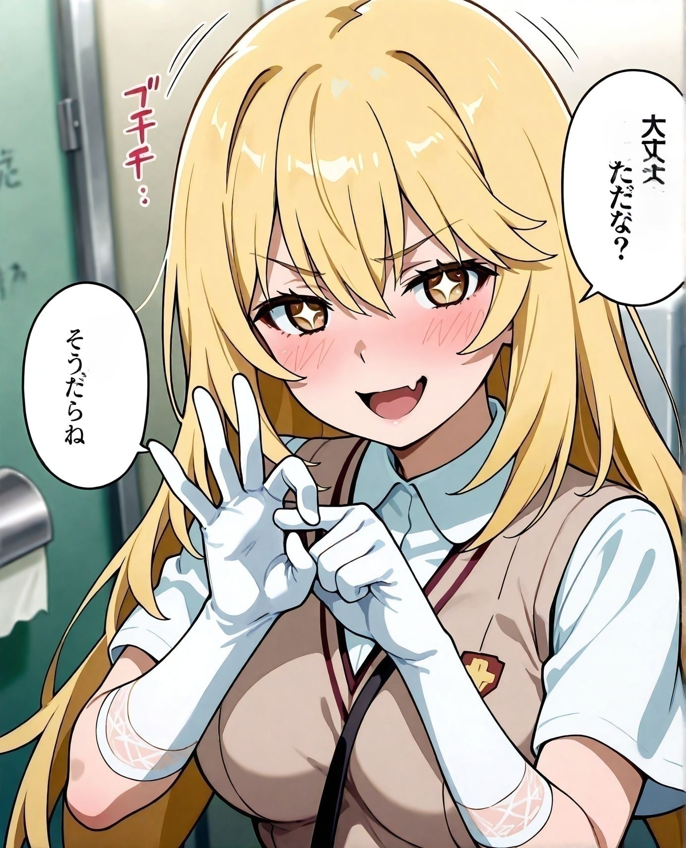 masterpiece, best quality, newest, absurdres, highres, detailed eyes, beautiful, detailed background, perfect eyes, anime coloring, anime screencap, 
<lora:add-detail-xl:0.5>
<lora:Lewd_Threatening_Pose:0.5> Lewd_Threatening_Pose,
1girl,solo,looking at viewer,5 fingers,angry, blush, 
upper body,(Japanese characters),motion lines, naughty face, 
(penetration gesture),speech bubble, ok sign,
sex threatening meme, talking, open mouth, 
one index finger thrusting through an  OK sign made by the other hand,
BREAK
shokuhou Misaki,  
public toilet,  school uniform, 
toaru kagaku no railgun, official art,