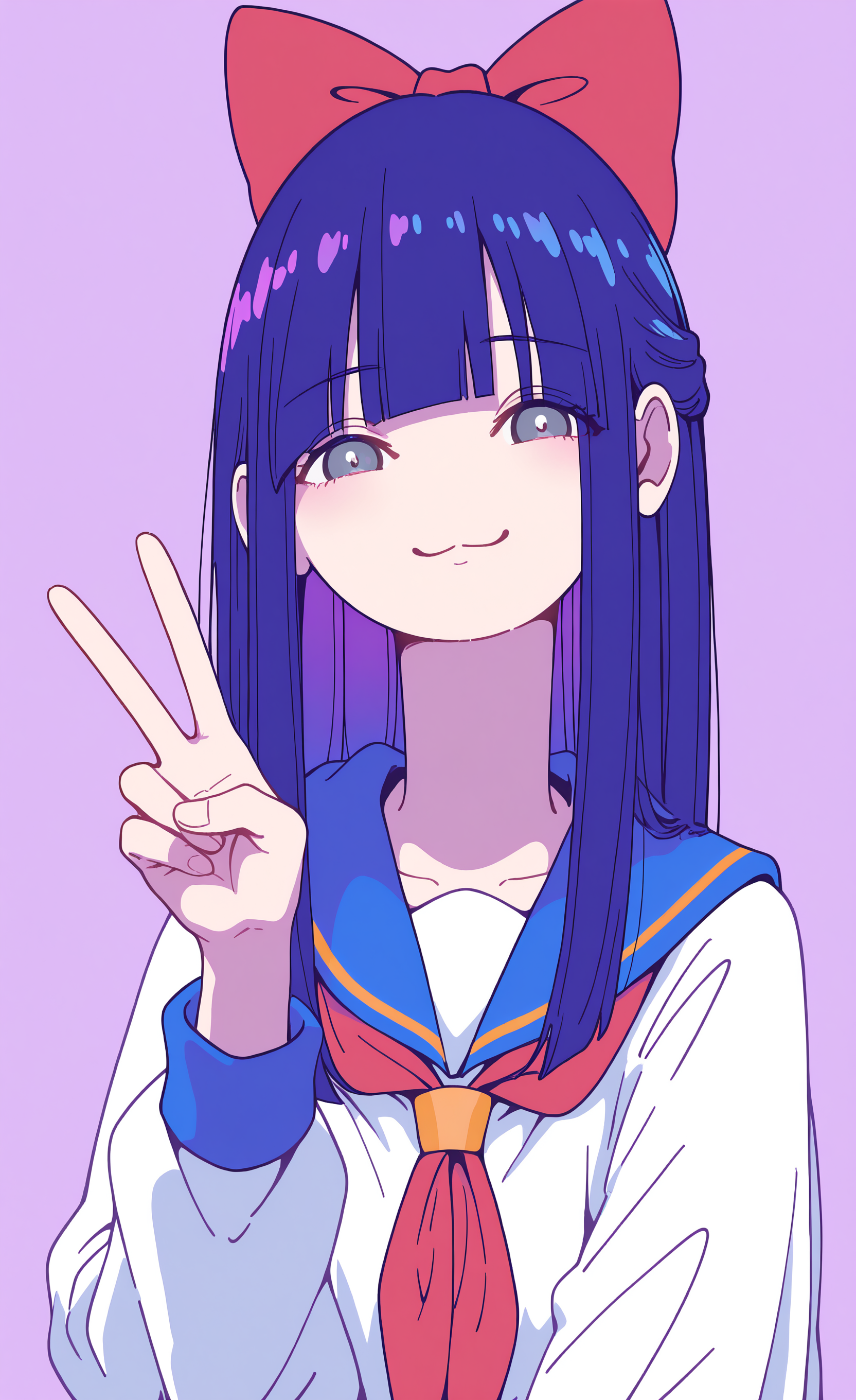 masterpiece, best quality, good quality, very awa, very aesthetic, absurdres, newest, pipimi, 1girl, solo, long hair, looking at viewer, smile, simple background, shirt, long sleeves, bow, closed mouth, blue hair, school uniform, white shirt, upper body, purple hair, hair bow, serafuku, blunt bangs, sailor collar, red bow, grey eyes, neckerchief, v, :3, blue sailor collar, 240_mado,
Flatline, Flat vector illustration <lora:NOOB_vp1_detailer_by_volnovik_v1:0.3> <lora:NOOB_vp1_detailer_by_volnovik_v1:0.3> <lora:ponyv6_noobV1_2_adamW-000017:0.7> <lora:XXX667:0.5> <lora:checkpoint-e18_s306:1.3> <lora:240_mado_ill:1>