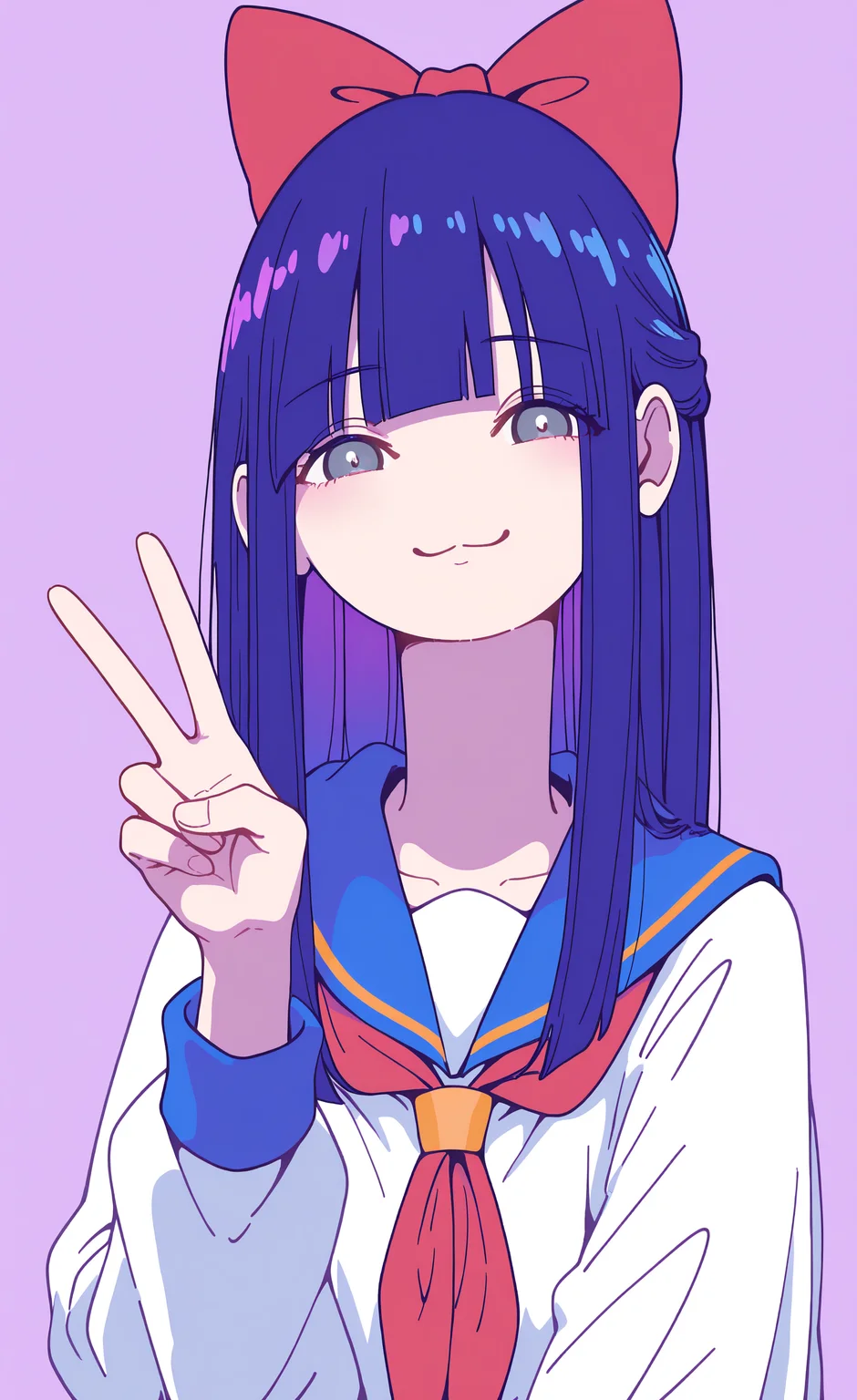masterpiece, best quality, good quality, very awa, very aesthetic, absurdres, newest, pipimi, 1girl, solo, long hair, looking at viewer, smile, simple background, shirt, long sleeves, bow, closed mouth, blue hair, school uniform, white shirt, upper body, purple hair, hair bow, serafuku, blunt bangs, sailor collar, red bow, grey eyes, neckerchief, v, :3, blue sailor collar, 240_mado,
Flatline, Flat vector illustration <lora:NOOB_vp1_detailer_by_volnovik_v1:0.3> <lora:NOOB_vp1_detailer_by_volnovik_v1:0.3> <lora:ponyv6_noobV1_2_adamW-000017:0.7> <lora:XXX667:0.5> <lora:checkpoint-e18_s306:1.3> <lora:240_mado_ill:1>