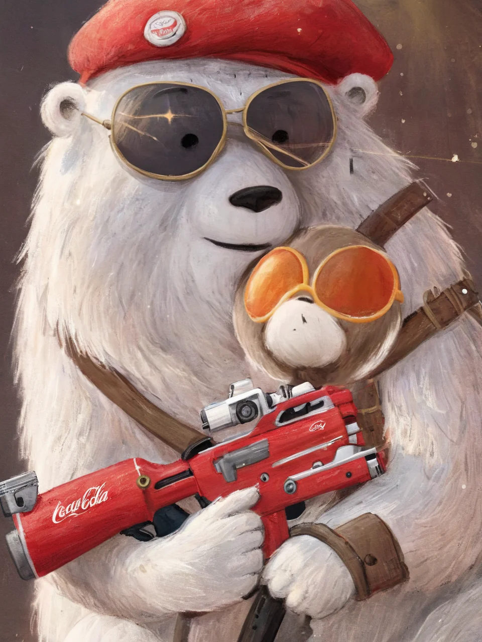 portrait, surrealistic, (bokeh:1.1), dof, awe-inspiring, majestic, overwhelming, humanoid polar-bear wearing (red coca-cola-military:1.1) metal sci-fi bulky (mecha armour:1.3) and sunglasses with (red beret:1.05) is holding a big (white rifle:1.35), harsh shadows, (sun rays:1.1)
<lora:é²å䏿´¾@SDXLå¿ç«¥ç»æ¬:1>,Children's picture books,