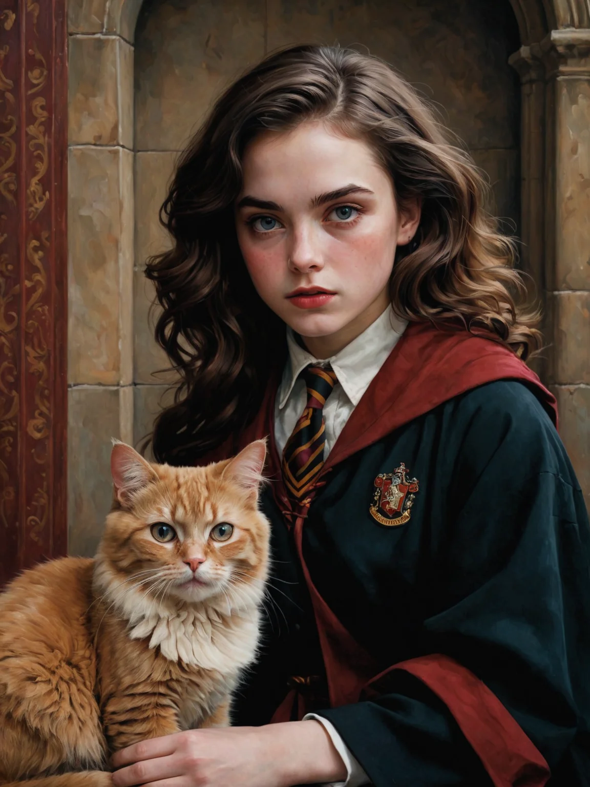 by Arturo Souto, by Brad Kunkle and wlop in the style of Daniel Merriam, solo, 1girl, cute 18 year old woman and her red pet cat, hermione granger, gryffindor uniform, digital painting, pale skin,highly detailed face,black hair, seducing facial expression,wearing a black robe, 1950s,dark background,warm colors, RAW candid cinema,16mm,color graded portra 400 film,remarkable color,ultra realistic,, captured on a (Nikon D850)defiant facial expression <lora:harry_potter_v1:1>