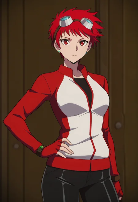 masterpiece, best quality, very aesthetic,
1girl, solo,
Ximena Victoria, short hair, red hair, red eyes, earrings, stud earrings,
jacket, goggles on head, fingerless gloves, pants,
Hand on hips, looking at viewer,
Anime coloring,