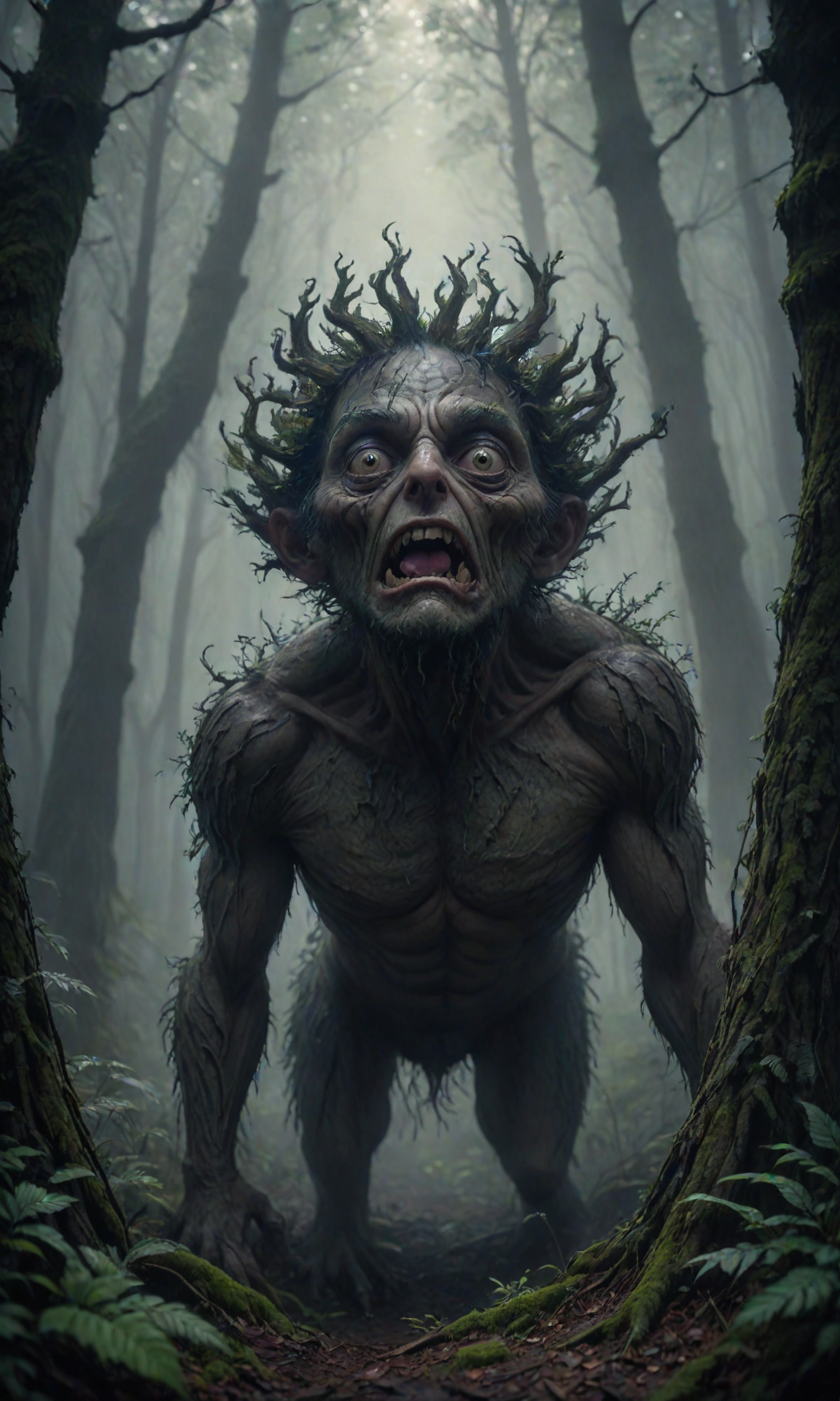 A creature with the body and eyes of a man, in a forest, foggy, moody lighting from above, cinematic lighting, detailed oil painting, hyperrealistic, 8k, high resolution, trending on artstation, octane render, unreal engine 5, digital art, beautiful face, very detailed eyes, by greg rutkowski, trending on artstation <lora:Fast:0.69>