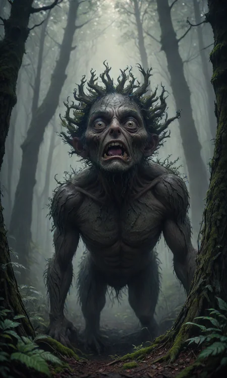 A creature with the body and eyes of a man, in a forest, foggy, moody lighting from above, cinematic lighting, detailed oil painting, hyperrealistic, 8k, high resolution, trending on artstation, octane render, unreal engine 5, digital art, beautiful face, very detailed eyes, by greg rutkowski, trending on artstation <lora:Fast:0.69>