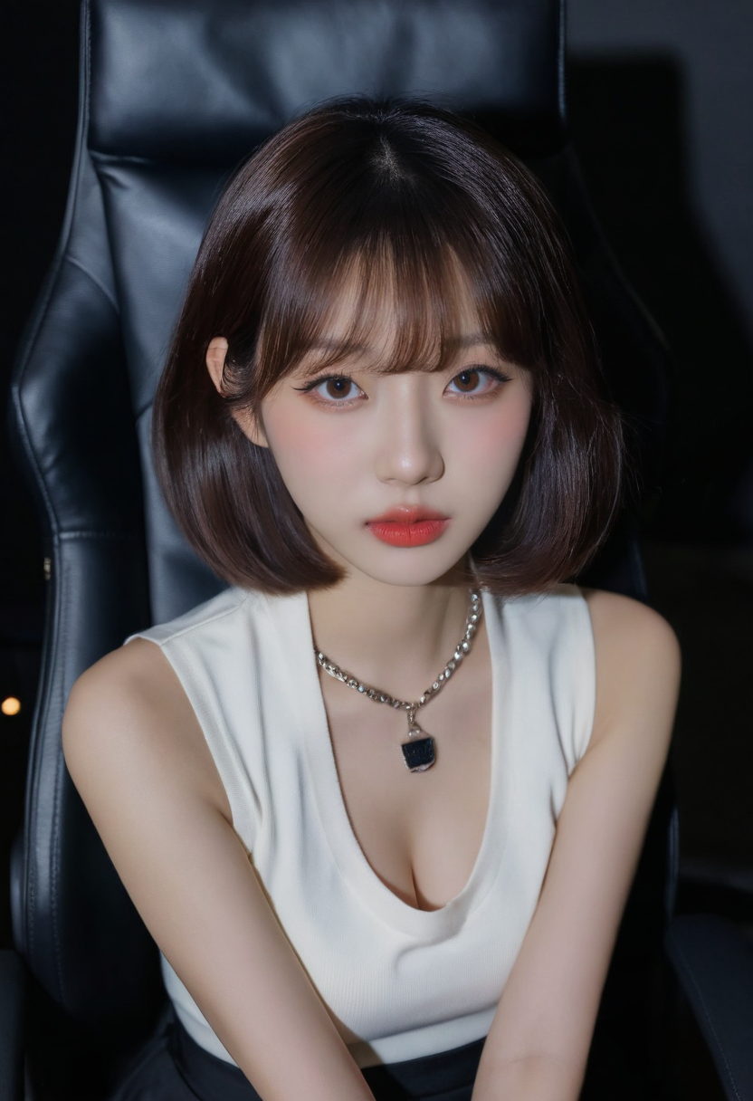 photo of an 18-year-old Korean office lady, office, dark, night, gaming chair, sitting, large eyes, slim V-shaped face, refined nose, (korean girl, ulzzang face) (blunt bangs, short hair, wavy hair, bob cut), (brown eyes, mascara, red lips, full-face blush, brown eyeshadow, heavy makeup, korean style makeup), eyeliner, (Cleavage,medium breasts:1.2), (thick necklace), (sleeveless turtleneck, shirt tucked in, miniskirt, microskirt, pencil skirt:1.05),  <lora:ulzzang face_sdxl_v2:0.75> <lora:asian beauty face-SDXL-V1:0.5><lora:spo_sdxl_10ep_4k-data_lora_webui:0.5> <lora:sdxl_brightness_slider_d1:-1>