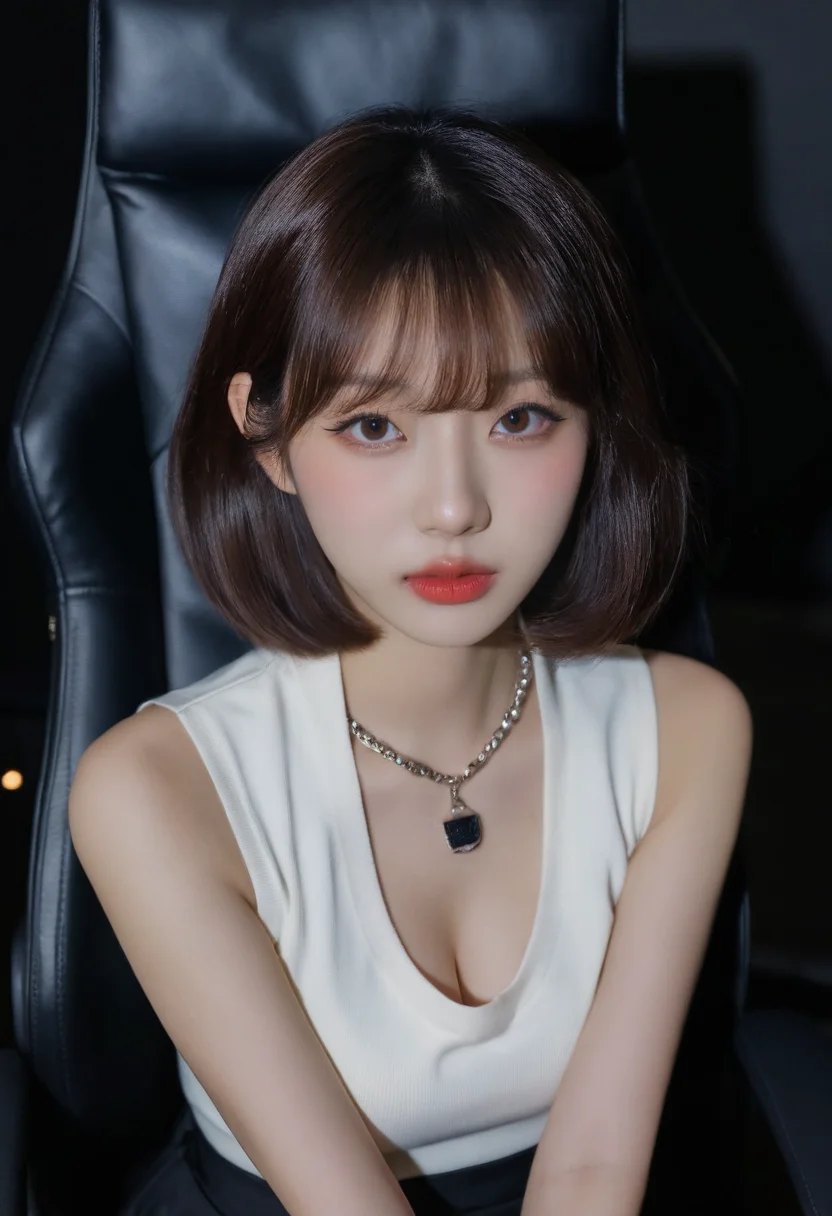 photo of an 18-year-old Korean office lady, office, dark, night, gaming chair, sitting, large eyes, slim V-shaped face, refined nose, (korean girl, ulzzang face) (blunt bangs, short hair, wavy hair, bob cut), (brown eyes, mascara, red lips, full-face blush, brown eyeshadow, heavy makeup, korean style makeup), eyeliner, (Cleavage,medium breasts:1.2), (thick necklace), (sleeveless turtleneck, shirt tucked in, miniskirt, microskirt, pencil skirt:1.05), <lora:ulzzang face_sdxl_v2:0.75> <lora:asian beauty face-SDXL-V1:0.5><lora:spo_sdxl_10ep_4k-data_lora_webui:0.5> <lora:sdxl_brightness_slider_d1:-1>