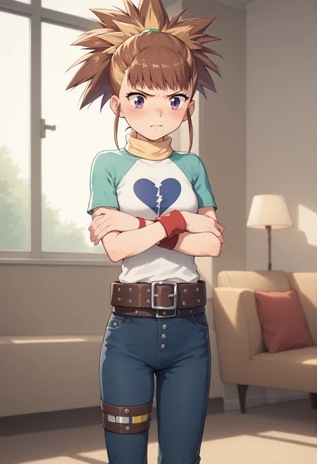 1girl, solo, rika, Two-Tone Hair, multicolored hair, medium hair, blonde hair, brown hair, purple eyes, ponytail, wristband, Two-Tone Shirt, t-shirt, heart print, turtleneck, belt, jeans, Thigh Strap, red footwear, crossed arms, blushing, tsundere, indoors, living room, cowboy shot <lora:RukiJuri:1>, score_9, score_8_up, score_7_up, score_6_up, score_5_up, score_4_up, BREAK source_anime, masterpiece