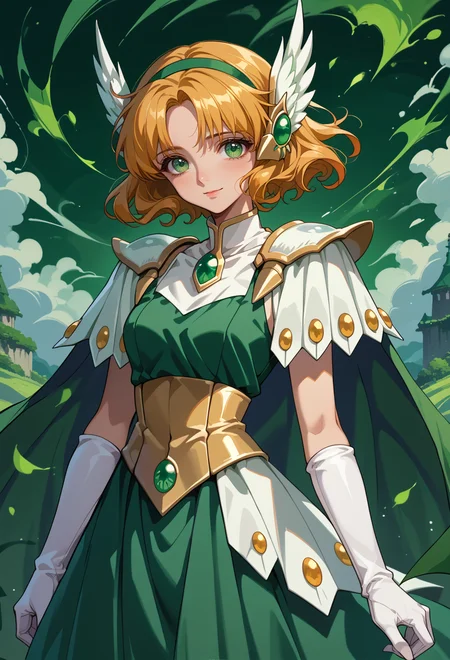 score_9, score_7_up, source_anime, solo, BREAK <lora:AEFuu-000009:0.9>
AEFuuFinal, armored dress, green cape, elbow gloves, gem, green dress, green gemstone, hair ornament, head wings, pauldrons, sleeveless, white footwear, white gloves, wing hair ornament,
light smile, full body,