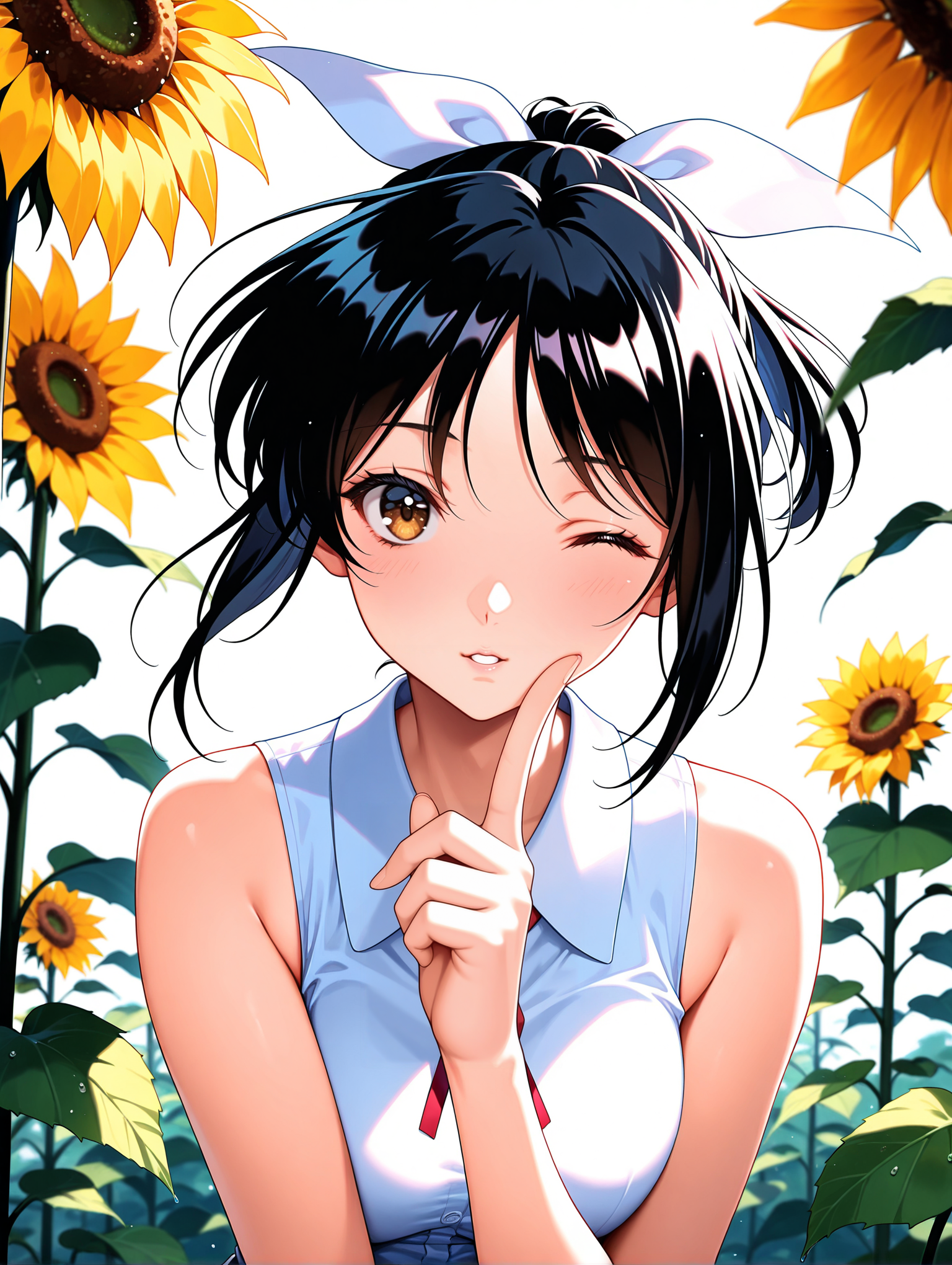masterpiece,best quality,newest,
1girl,solo,
<lora:morii_kaho_ilxl_v1.0:1>,kaho,black hair,white hair bow,ponytail,brown eyes,
<lora:Fixhands_anime_bdsqlsz_V1:1>,looking_at_viewer,front view,one eye closed,sunflower,sleeveless,finger to mouth,index finger raised,parted lips,sleeveless shirt,upper_body,