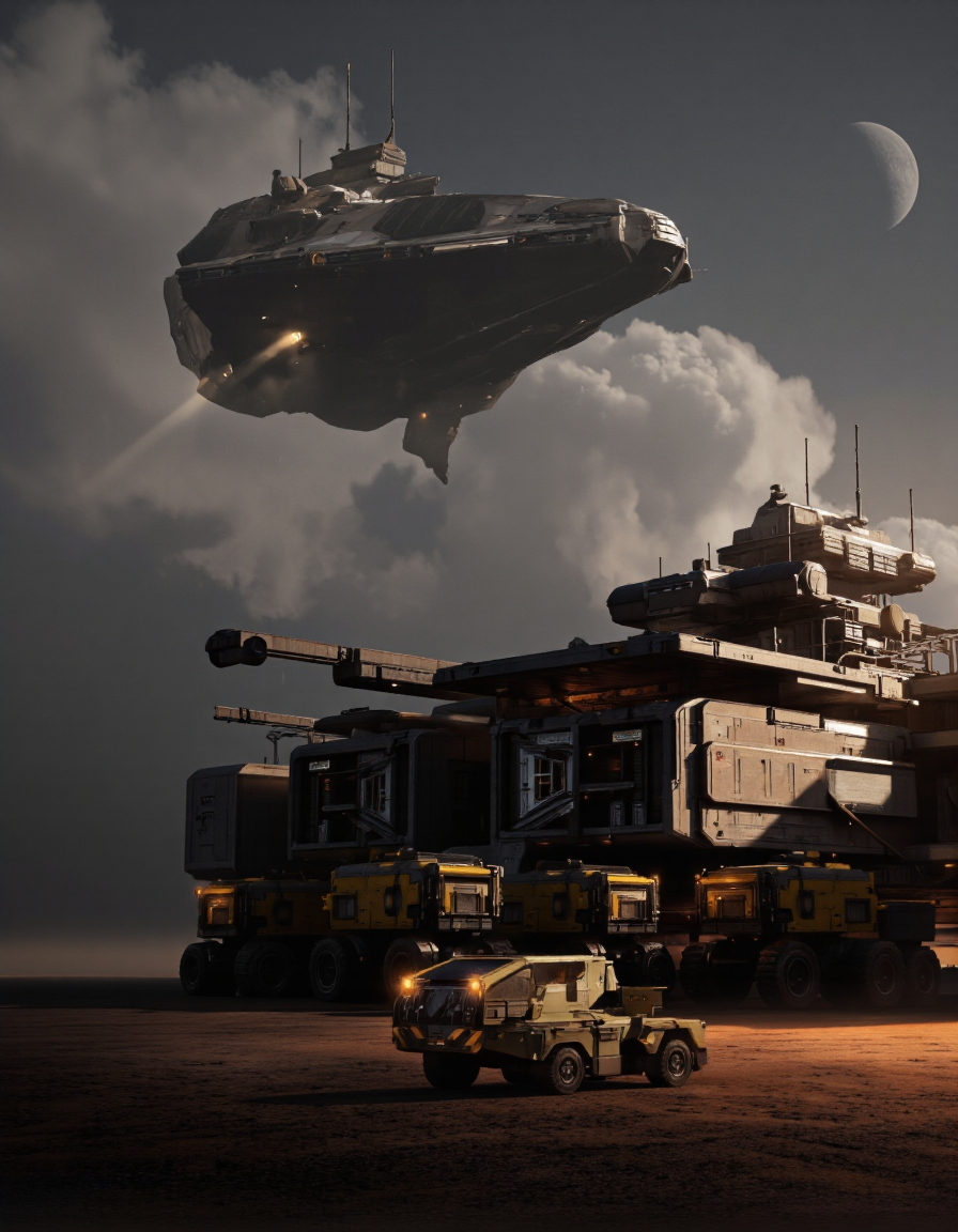 QuantumZ. A futuristic sci-fi scene featuring a large, imposing spaceship-like structure with multiple levels and multiple vehicles parked in front of it, set against a dark, desolate landscape with a distant planet in the background. the scene is illuminated by a warm, orange glow from the setting sun, casting a dramatic shadow on the ground. in the foreground, there are several large, armored vehicles with yellow and black cabins, parked alongside the structure. on the left side of the image, a larger, futuristic spaceship is flying overhead, its sleek, metallic design towering over the scene. The sky is filled with a mix of dark clouds and a crescent moon, creating a dramatic contrast with the bright, glowing lights of the vehicles and the spaceship. the ground is barren, with no vegetation or vegetation visible, and there are no other structures or objects in sight. the overall atmosphere is tense and ominous, with a sense of anticipation and excitement.