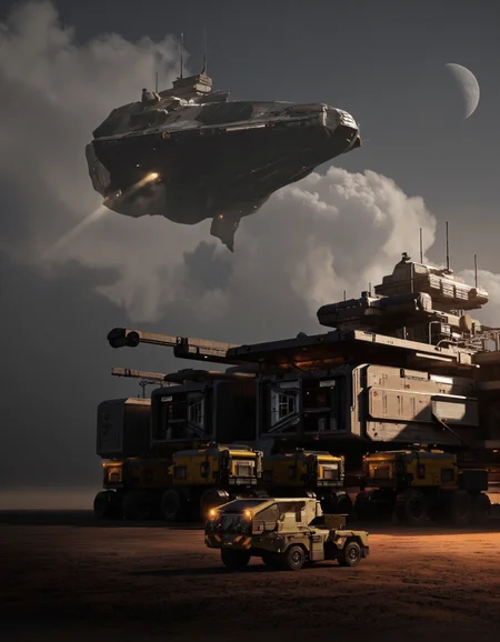 QuantumZ. A futuristic sci-fi scene featuring a large, imposing spaceship-like structure with multiple levels and multiple vehicles parked in front of it, set against a dark, desolate landscape with a distant planet in the background. the scene is illuminated by a warm, orange glow from the setting sun, casting a dramatic shadow on the ground. in the foreground, there are several large, armored vehicles with yellow and black cabins, parked alongside the structure. on the left side of the image, a larger, futuristic spaceship is flying overhead, its sleek, metallic design towering over the scene. The sky is filled with a mix of dark clouds and a crescent moon, creating a dramatic contrast with the bright, glowing lights of the vehicles and the spaceship. the ground is barren, with no vegetation or vegetation visible, and there are no other structures or objects in sight. the overall atmosphere is tense and ominous, with a sense of anticipation and excitement.