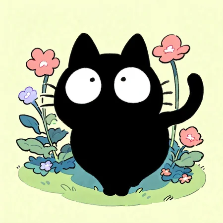 masterpiece, best quality, simple illustration, 1cat, full body, top view, huge eyes, looking to the top, in a flower garden  tail, black cat