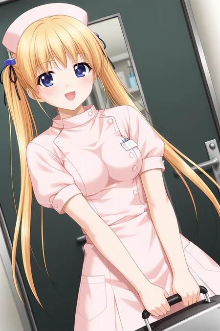 masterpiece, best quality, absurdres, official art, official style, rating general BREAK <lora:mukaimana_IL_v1-1:0.7>, mukai mana, 1girl, solo, blue eyes, blonde hair, long hair, twintails, hair ribbon, black ribbon, cube hair ornament, small breasts, nurse, blush, nurse cap, pink headwear, open mouth, smile, indoors, bottle, dutch angle, :d, holding box, looking at viewer, door, nurse uniform, pink uniform, short sleeves, curtain