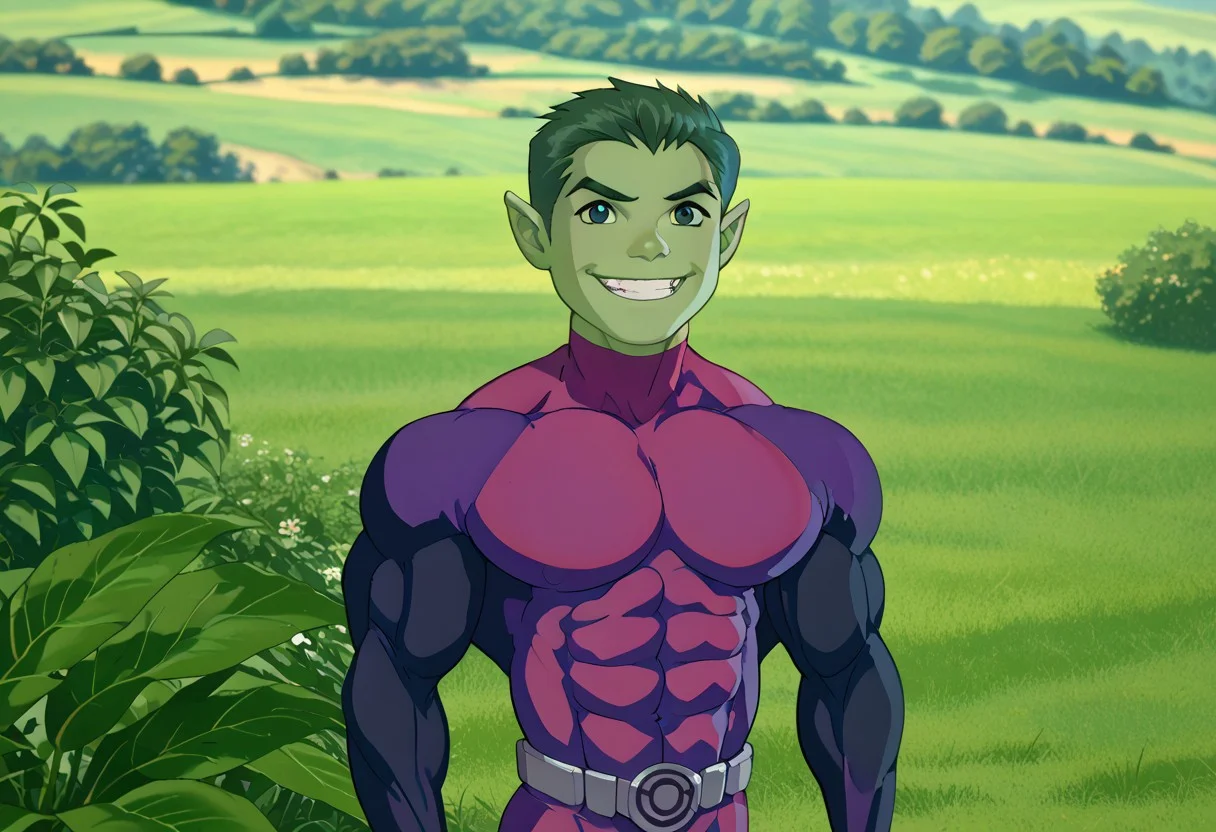 (score_8_up, score_7_up, score_6_up, masterpiece, best quality, amazing quality, best aesthetic, absurdres, intricate details, detailed face, source_anime, beastboy, green hair, green eyes, green skin, black with purple bodysuit, 1boy, male focus, pointy ears, solo, smile, colored skin, grin, bara, muscular body, muscular male, abs, macho, broad shoulders, glossy, traps, r-s) <lora:EMS-434610-EMS:1.000000>