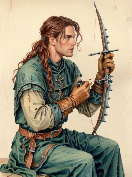 score_9, score_8_up, score_7_up, oblivionarts, solo, weapon, 1boy, male focus, gloves, lockpicking simple background, traditional art, medieval aesthetic, <lora:Oblivion:1>