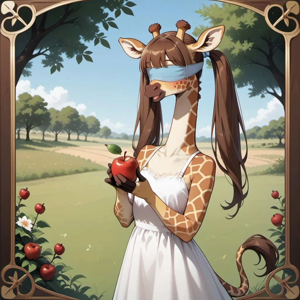Tarot Card Style, score_9, score_8_up, score_8_up, M4dd13G1r4ff3, a picture of an anthro giraffe, standing, holding fruit, apple, twintails, blindfold, white dress,