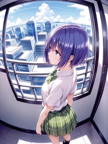 masterpiece,best quality,newest,
1girl,solo,
<lora:s_haruna_ilxl_v1.2:1>,haruna,blue hair,blue eyes,h_clothes,green bowtie,short sleeve blouse,green plaid skirt,black socks,loafers,
<lora:Fixhands_anime_bdsqlsz_V1:1>,city,expressionless,looking_away,voyeur,profile,from_back,fisheye,