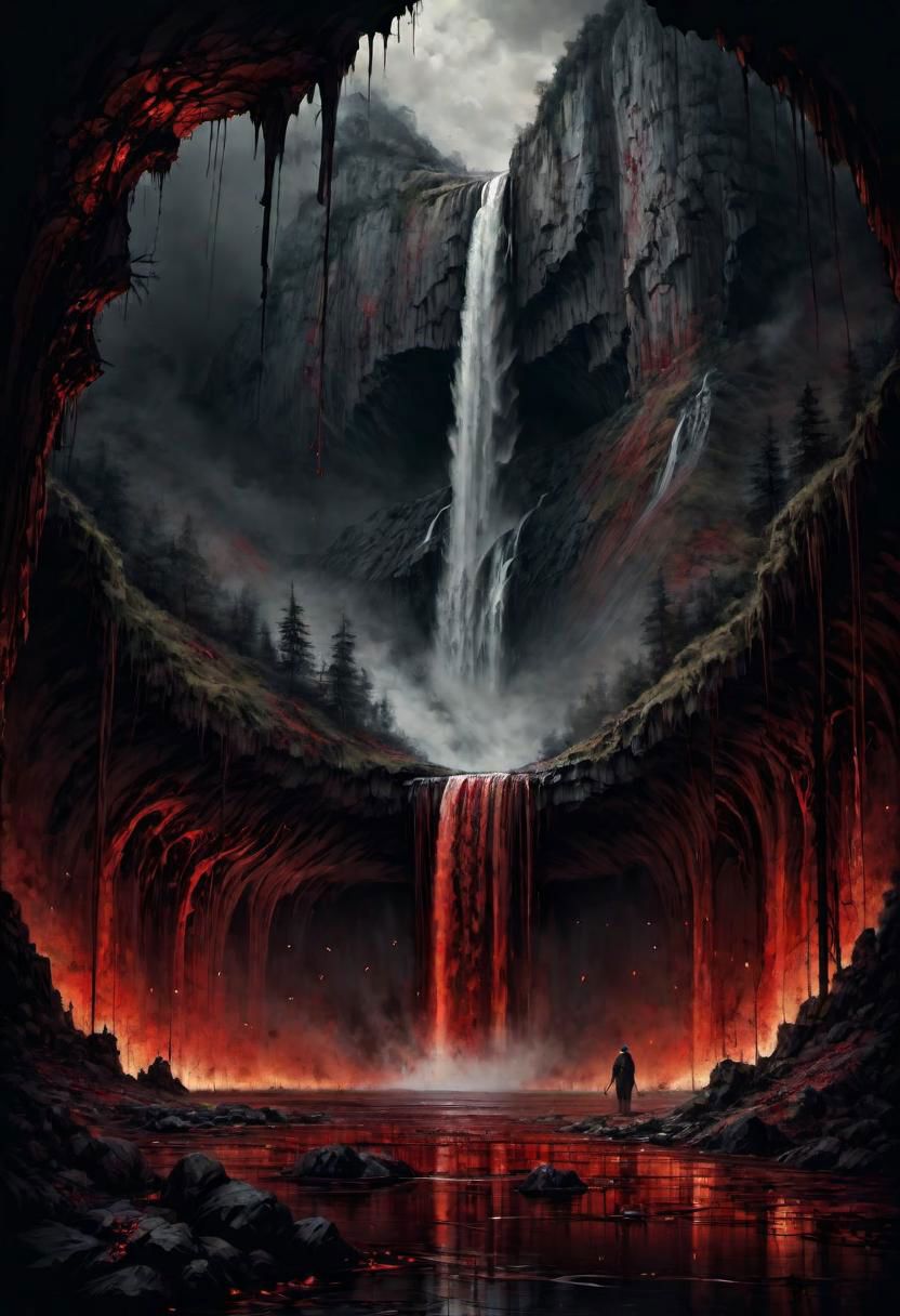 a landscape of a waterfall of ((blood)),
 masterpiece, highly detailed,
EdobHorrorLandscape,
horror, dark,