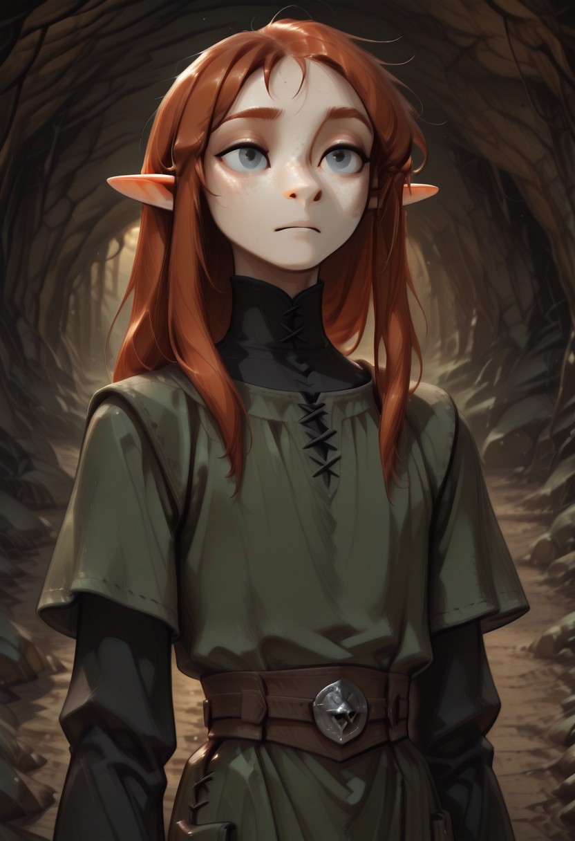 1person, Lapanya, Malgha, freckles, pointy ears, Long-sleeve black shirt, green tunic,
Close up, 3/4 view,
Underground, organic cavern,
Anime style,