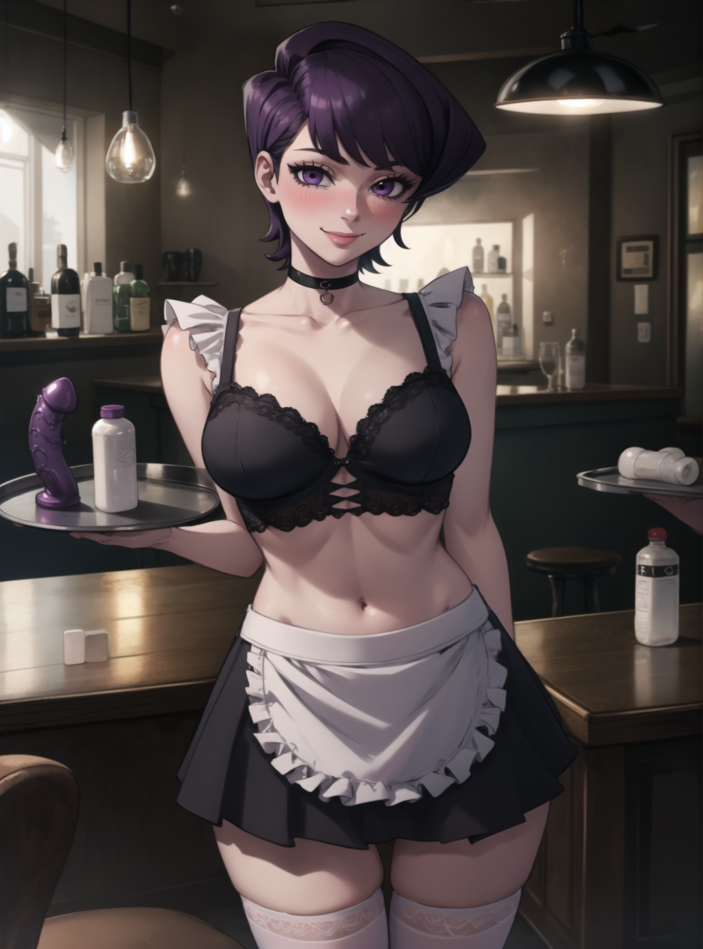 masterpiece, lots of detail, 4k, 8k, ((ultra-detailed)), highres, cinematic lighting, atmospheric lighting, official artwork, cowboy shot, hetero, indoors, night, <lora:Slutty_waitress-10:0.7>, slut_waitress, 1girl, solo, female focus, mature female, purple hair, short hair, swept bangs, purple eyes, looking at viewers, blush, smile, breast, cleavage, collarbone, choker, standing, maid, midriff, navel, maid cosplay, thighhighs, thigh gap, holding tray, lotion bottle, sex toy, butt plug, condoms, hand behind back, arm behind back, bare shoulder, bar arms, dildo,  <lora:Komi Shuuko:0.7>, komishuuko, miniskirt, frills, lace,
