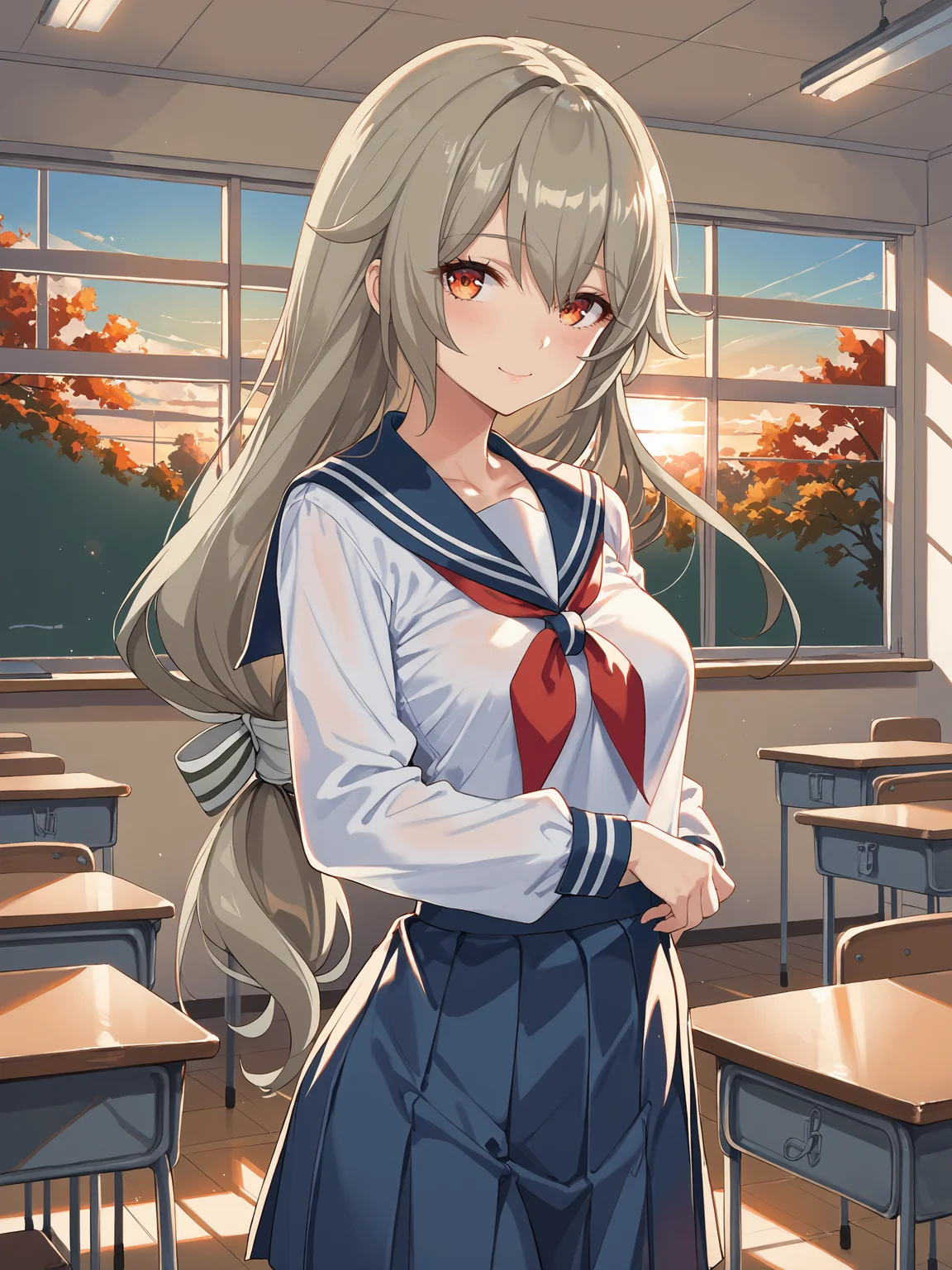 1girl, alexandrina sebastiane, solo, low-tie long hair, hair ribbon, school uniform, serafuku, cowboy shot, backlighting, sunbeam, sunset, classroom, indoors, window, light smile, blush, looking at viewer, facing viewer <lora:Char-ZZZ-AlexandrinaSebastiane-pony-V1:1>, score_9, score_8_up, score_7_up, source_anime