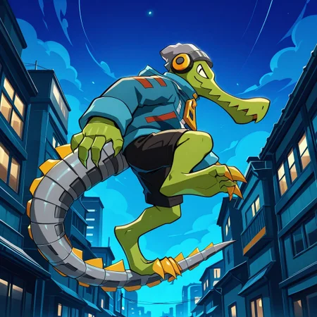 official art, masterpiece, best quality, perfect anatomy, dynamic, expressive, solo, l4tch, 1boy, male, scalie, crocodile, anthro, green skin, green body, black eyes, short, long snouth, spiky mouth, grey hat, grey beanie, headphones, blue jacket, zipper, black shorts,  barefoot, mechanical tail, long tail, big tail, claws, toe claws, posing, looking at viewer, night time, city, neon, alleyway,