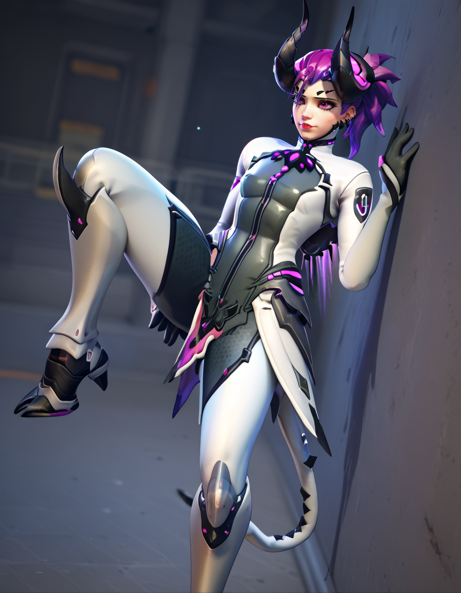score_9, score_8_up, score_7_up, Masterpiece, high-res, 2k, best quality, 3d, 1girl, mercy (overwatch), imp mercy , purple hair , white bodysuit, tail  <lora:Devil_imp_mercy_pony-000040:1> Leaning on a wall with one leg bent looking contemplative