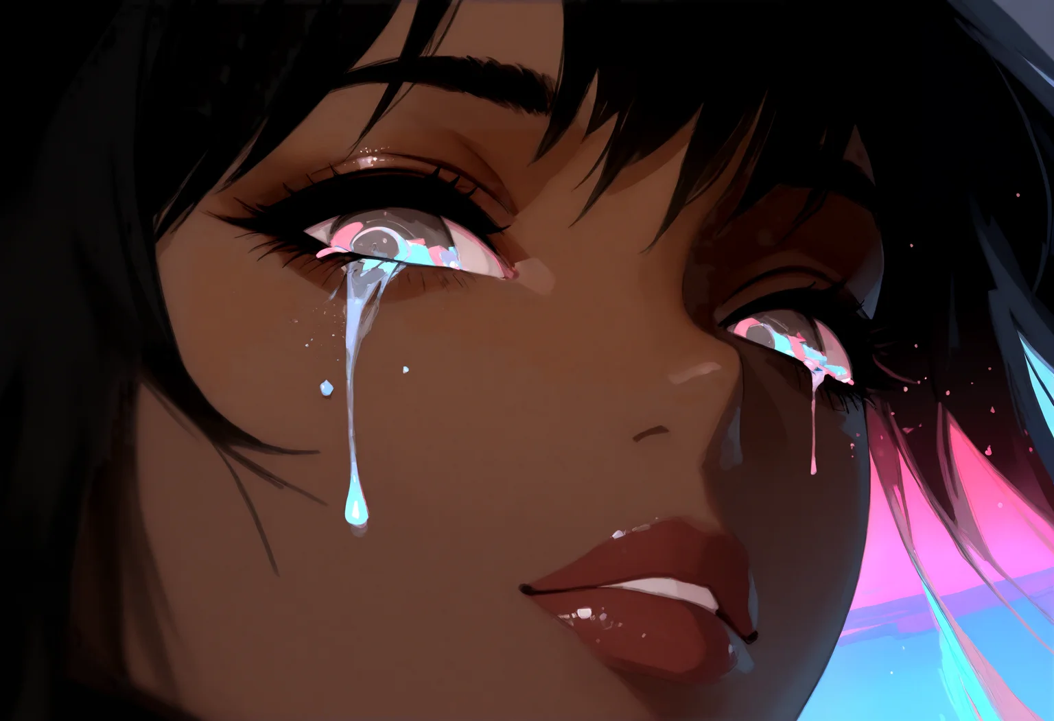 masterpiece, best quality, newest, absurdres, highres, female, iridescent hair, surreal liquid distortion, fluid-like strands flowing over face, glowing tears, abstract glitch, soft focus, blurred vision, cyberpunk elements, with the theme "dreams in liquid glitch", ethereal, hauntingly beautiful, soft light, distorted colors, delicate but intense emotion, chaotic tranquility, 69yotte4_illu, ilya kuvshinov, eye focus, close-up, detailed eyes, photorealism, photography \(artwork\), skin pores, peach fuzz, dark-skinned female, ta-illu, bamf-illu, <lora:Beautiful_Mahogany_Style_Illu_Edition:0.85> <lora:Tomomi_Abe_Style_V1_Illu_Edition:0.77> <lora:69yottea_illu_v2:0.85>