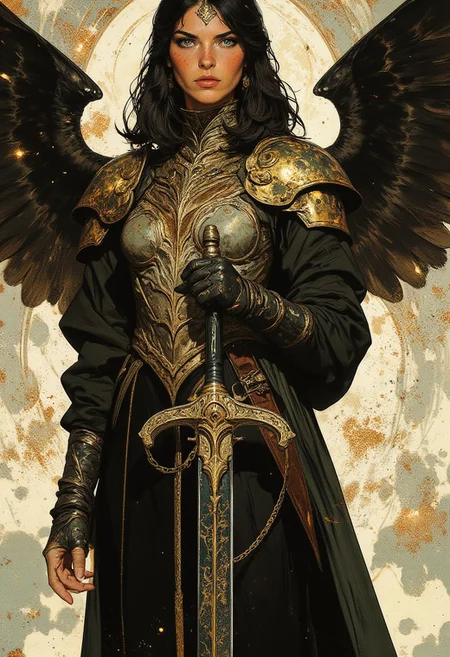 A digital illustration of avant-garde fashion photography in a long shot, featuring a striking female figure radiating an ethereal, otherworldly presence. She wears a flowing, black medieval robe adorned with intricate golden attachments, each crafted with delicate, ornate patterns reminiscent of regal craftsmanship. The golden shoulder plates curve gracefully over her form, while a waist chain with elegant filigree accents cinches the robe, and a breastplate with mesmerizing, intricate designs enhances her majestic aura. The robe is modest yet imposing, concealing her figure while exuding an air of authority and dignity. Her long, straight black hair cascades over her shoulders, framing her pale, flawless skin and drawing attention to her piercing, confident gaze. In her right hand, she wields a large, ornate sword with a dark, near-black blade etched with golden patterns, its hilt wrapped in shimmering golden cords. Large black feathered wings extend majestically from her back, adding to her angelic yet fearsome presence. The background is a celestial blend of white and gold, filled with abstract, swirling patterns that echo the intricate details of her armor, creating a harmonious yet dramatic atmosphere. HD, ultra-detailed, 8K quality, masterpiece artwork.