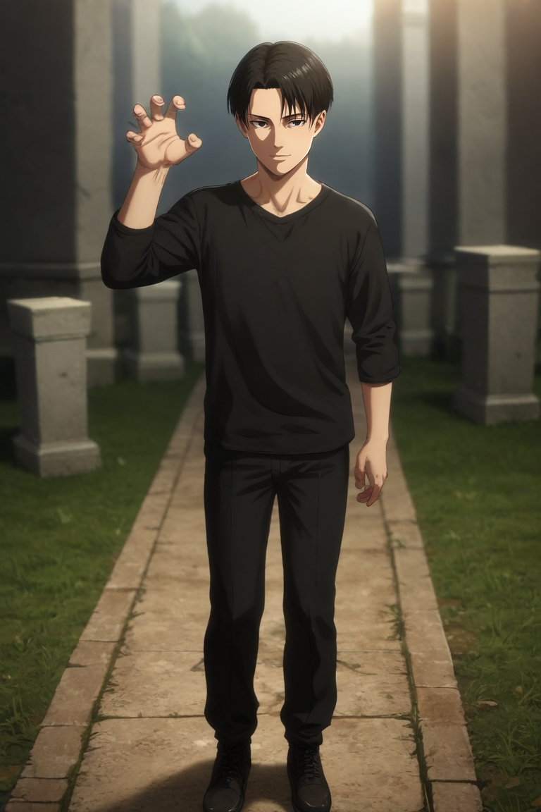 score_9, score_8_up, score_7_up, source_anime, rating_safe, , (photorealistic:0.6), , depth of field, 1boy, solo, male focus, <lora:levi_ackerman_pony:0.94>, levi_ackerman, black hair, black eyes, short hair, curtained hair, final season, wide angle, wide shot, full body, cemetery, light, claw pose, smile, , <lora:sdxl_lightning_8step_lora:1>