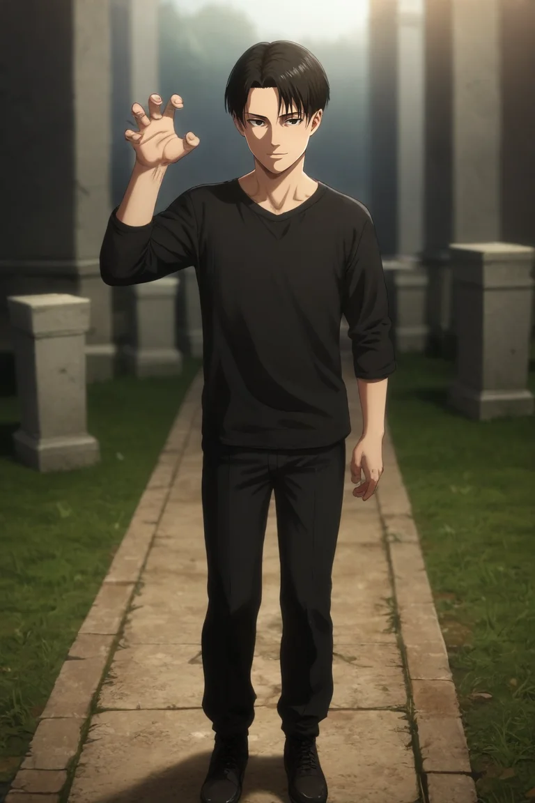 score_9, score_8_up, score_7_up, source_anime, rating_safe, , (photorealistic:0.6), , depth of field, 1boy, solo, male focus, <lora:levi_ackerman_pony:0.94>, levi_ackerman, black hair, black eyes, short hair, curtained hair, final season, wide angle, wide shot, full body, cemetery, light, claw pose, smile, , <lora:sdxl_lightning_8step_lora:1>