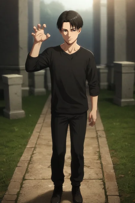 score_9, score_8_up, score_7_up, source_anime, rating_safe, , (photorealistic:0.6), , depth of field, 1boy, solo, male focus, <lora:levi_ackerman_pony:0.94>, levi_ackerman, black hair, black eyes, short hair, curtained hair, final season, wide angle, wide shot, full body, cemetery, light, claw pose, smile, , <lora:sdxl_lightning_8step_lora:1>