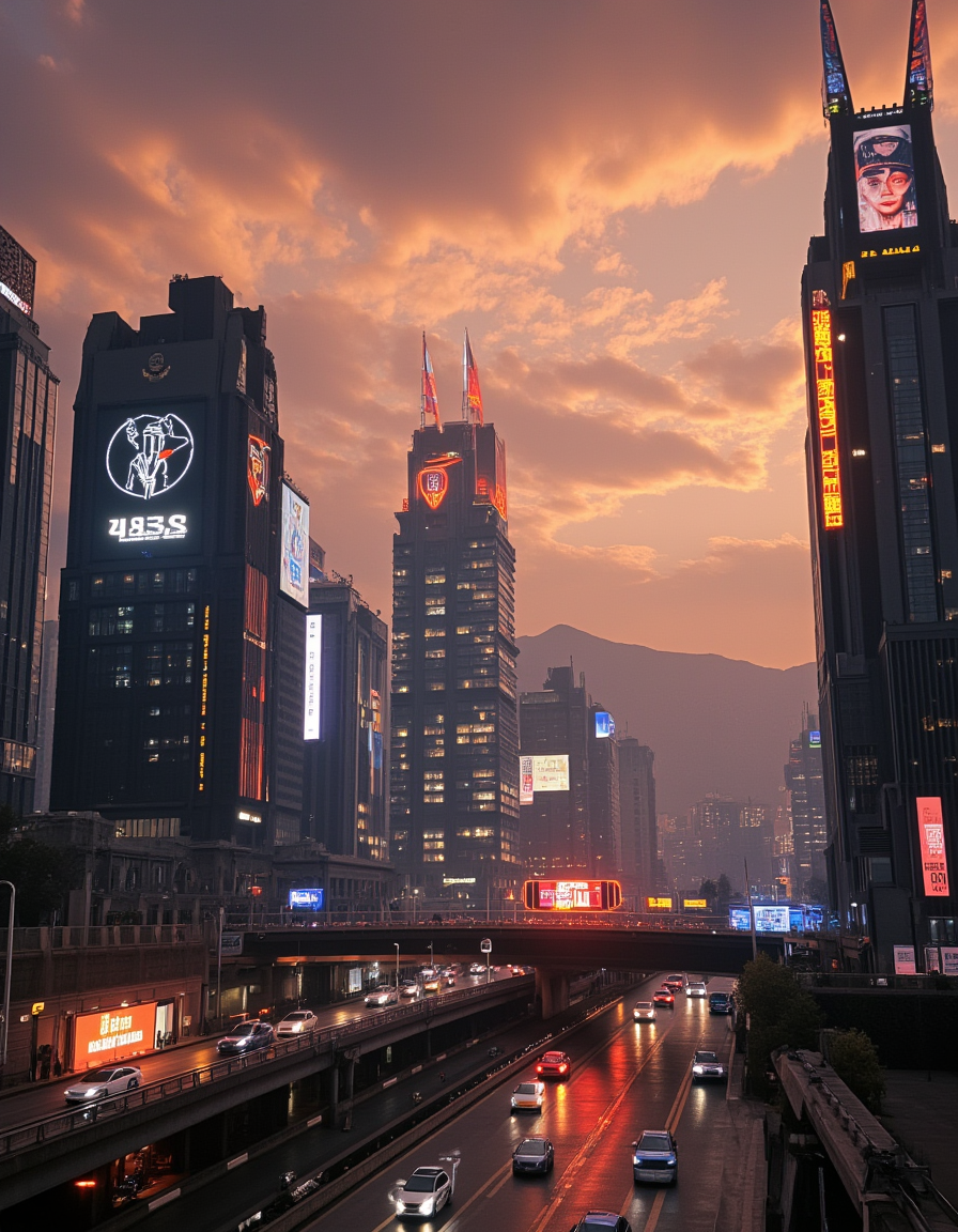 <lora:City_Worlds_01_Effects_fluxc:1> photo, ambiance, city lights, citybkg, clouds, cyberpunk, day, detailed, elevated highway, epic scale, fantasy, fire sky, cyberpunk metropolis, front view, futuristic, high buildings, low buildings, marble, massive design buildings, mountains, night, orange clouds, phot30, rough sea, waves, scenery, shiny diamonds, shop signs, street, sunny, wet, white, cars, traffic,