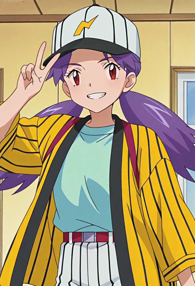 score_9, score_8, score_7_up source_anime, anime_coloring, anime_sceencap, highres, solo, rating_safe, solo
BREAK, smile, looking at viewer, cowboy shot, upper body, v, victory, indoors, upper body, grin, teeth
PKMNCasey, 1girl, purple hair, long hair, twintails, low twintails, bangs, brown eyes, red eyes, eyelashes, 1girl, purple hair, long hair, twintails, low twintails, bangs, brown eyes, red eyes, yellow shirt, yellow jacket, open clothes, open jacket, blue shirt, belt, white shorts, striped short, vertical stripes, baseball cap, white headwear vertical stripes