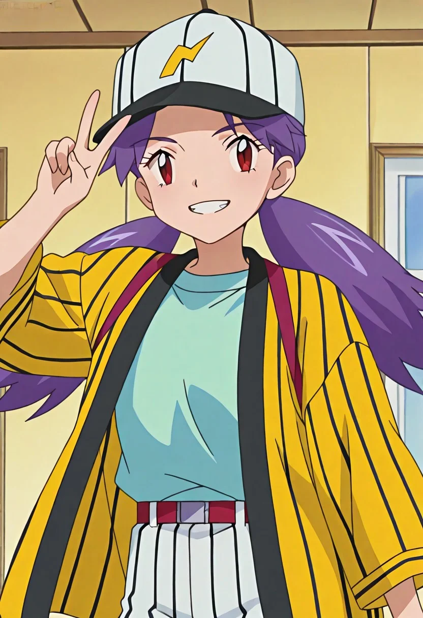 score_9, score_8, score_7_up source_anime, anime_coloring, anime_sceencap, highres, solo, rating_safe, solo
BREAK, smile, looking at viewer, cowboy shot, upper body, v, victory, indoors, upper body, grin, teeth
PKMNCasey, 1girl, purple hair, long hair, twintails, low twintails, bangs, brown eyes, red eyes, eyelashes, 1girl, purple hair, long hair, twintails, low twintails, bangs, brown eyes, red eyes, yellow shirt, yellow jacket, open clothes, open jacket, blue shirt, belt, white shorts, striped short, vertical stripes, baseball cap, white headwear vertical stripes
