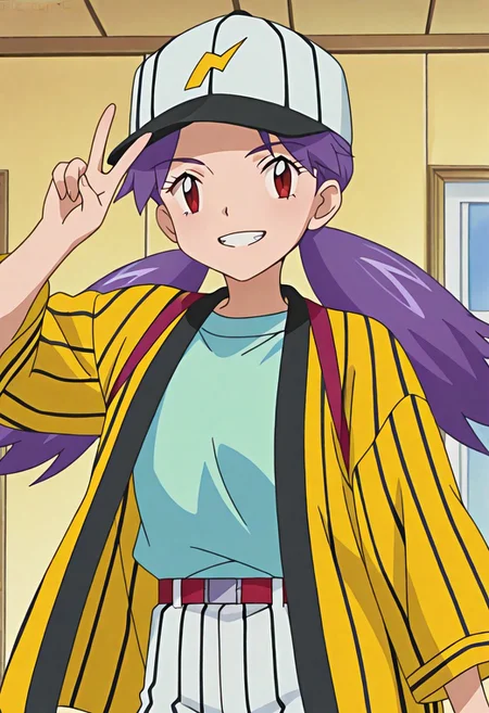 score_9, score_8, score_7_up source_anime, anime_coloring, anime_sceencap, highres, solo, rating_safe, solo
BREAK, smile, looking at viewer, cowboy shot, upper body, v, victory, indoors, upper body, grin, teeth
PKMNCasey, 1girl, purple hair, long hair, twintails, low twintails, bangs, brown eyes, red eyes, eyelashes, 1girl, purple hair, long hair, twintails, low twintails, bangs, brown eyes, red eyes, yellow shirt, yellow jacket, open clothes, open jacket, blue shirt, belt, white shorts, striped short, vertical stripes, baseball cap, white headwear vertical stripes