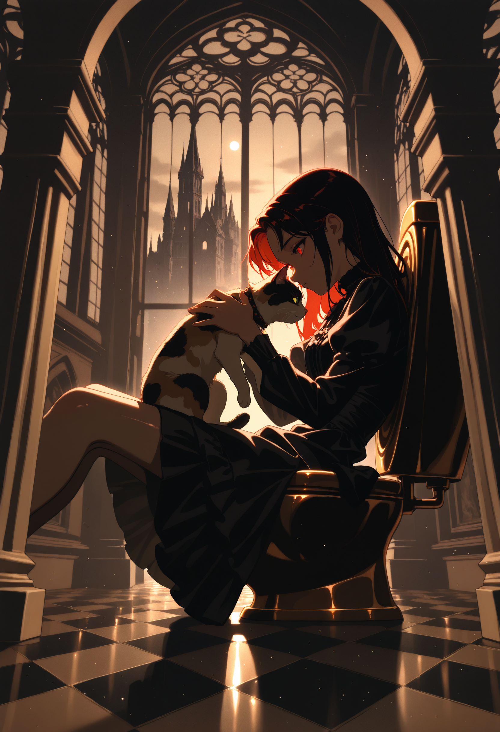 (incredibly_absurdres, amazing_background, best quality, flat_colors, anime_coloring, dynamic_angle, motion_blur, dutch_angle, surreal, line_art, traditional_media)
(4utumnd4rk4cademia, side view, close-up, backlighting, light_particles, short_dress, foreshortening, sitting_on_toilet, 1girl, red_eyes, long_hair, layered_dress, holding cat, gothic_architecture, (shiny golden toilet), ornate floor, bathroom, cramped, liminal, spoopy)