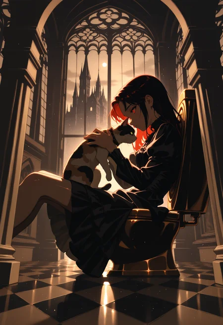(incredibly_absurdres, amazing_background, best quality, flat_colors, anime_coloring, dynamic_angle, motion_blur, dutch_angle, surreal, line_art, traditional_media)
(4utumnd4rk4cademia, side view, close-up, backlighting, light_particles, short_dress, foreshortening, sitting_on_toilet, 1girl, red_eyes, long_hair, layered_dress, holding cat, gothic_architecture, (shiny golden toilet), ornate floor, bathroom, cramped, liminal, spoopy)