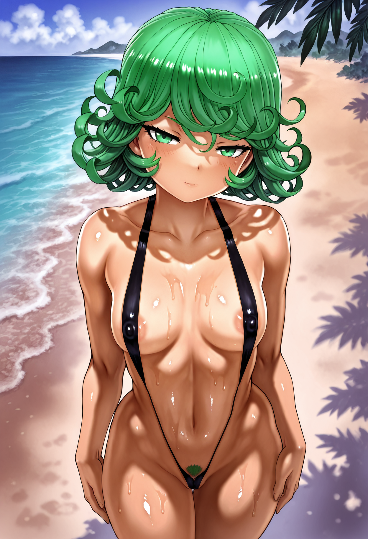masterpiece, best quality, 
 <lora:mogudan:1> M0gd4n, 1girl, solo, standing, looking at viewer, half-closed eyes, light smile, tatsumaki, small breasts, slingshot swimsuit, oiled, shiny skin, areola slip, coverednipples, female pubic hair, outdoors, beach,