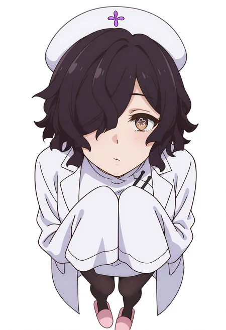 Smooth Quality,masterpiece,very intricate, high quality details, high detailed skin,detailed enviorement,absurdres, 
simple background, white background,from above,
 :/,
 <lora:Kiclacnn:0.8>
Kiclacnn, 1girl, black hair, brown eyes, symbol-shaped pupils, short hair, hair over one eye, 
nurse cap, lab coat, slippers,black pantyhose, pink footwear, sleeves past wrists,