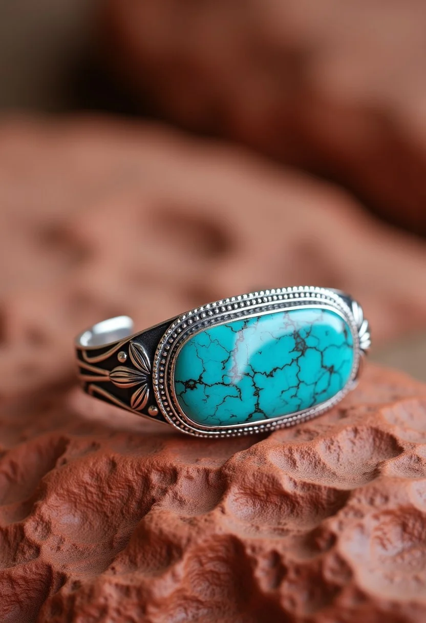 a najavo stlye turquoise and silver bracelet displayed on a red flat rock, depth of field, macro photography, highly detailed, 4k resolution,