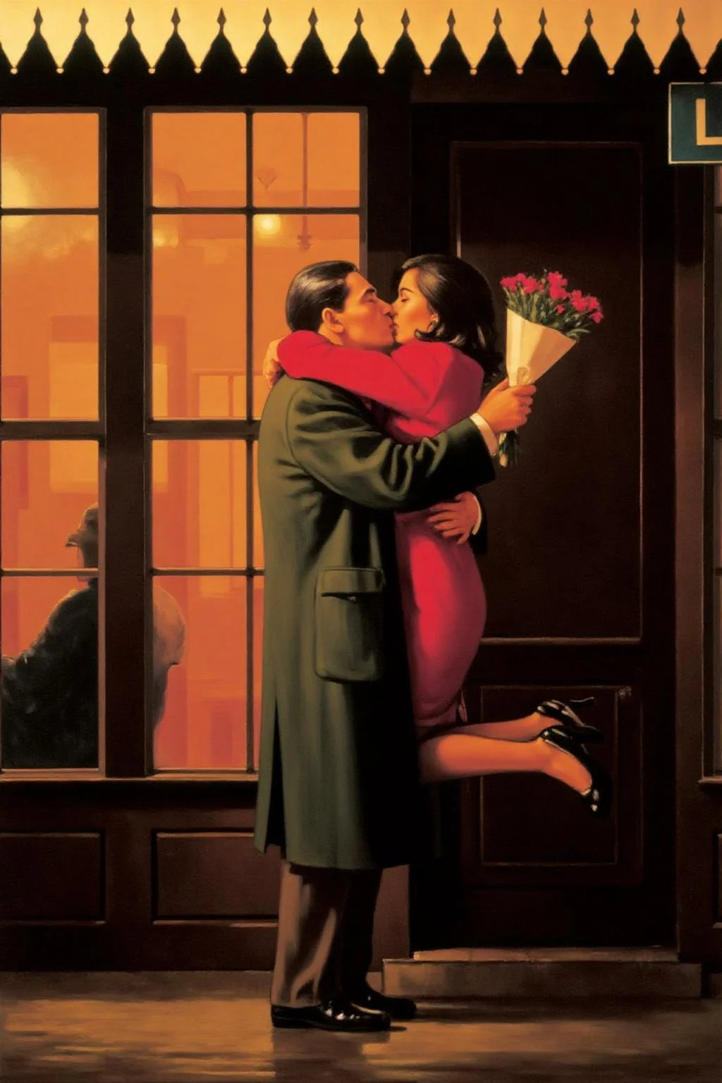 jackvettriano1 painting.
A man in a long coat kissing a woman in a tight embrace. He is holding a bouquet of flowers. The woman is in a red dress and hugging the man tightly, with her feet dangling in the air. They are in front of a building with a sign reading "L" on the right. The window behind them shows a person seated inside the building. <lora:jackvettriano1_cap_d8a4e12:1.0><lora:851766427521124738:0>