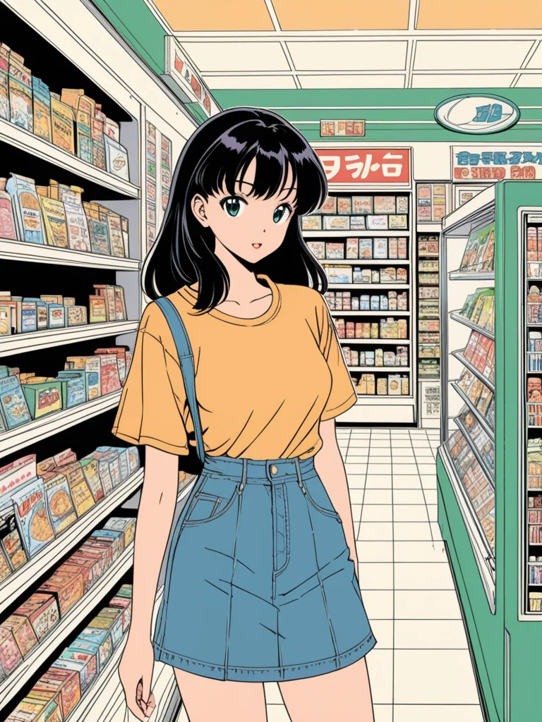In the style of 90's vintage, anime art of a model inside a convenience store, Detailed art, Fine line art 90âs vintage anime