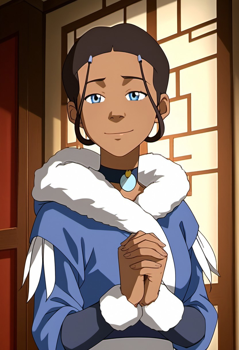 score_9, score_8_up, score_7_up, realistic, realism, HD, perfect quality, 16k, very detailed, realistic lighting, detailed face, BREAK, (((good_hands))), (((perfect eyes, bedroom eyes, (light smile:0.5)))),  BREAK, solo, 1girl, (((Katara-BookWater, blue eyes, short hair, brown hair, hair ornament, dark skin, dark-skinned female))), eye_focus, ((medium breasts, big ass)), (bedroom eyes), looking at viewer, nervous, seductive, sensual, medium body size, slightly small neck, plumb body, voluptuous hips and thighs, curvy body size, microwaist, (feminine body, soft body:1.5), BREAK,  dark skin, blue eyes, smile, hair ornament, brown hair, upper body, 1girl, dark-skinned female, closed mouth, male focus, hairclip, short hair, dark-skinned male, 1boy, black hair, fur trim